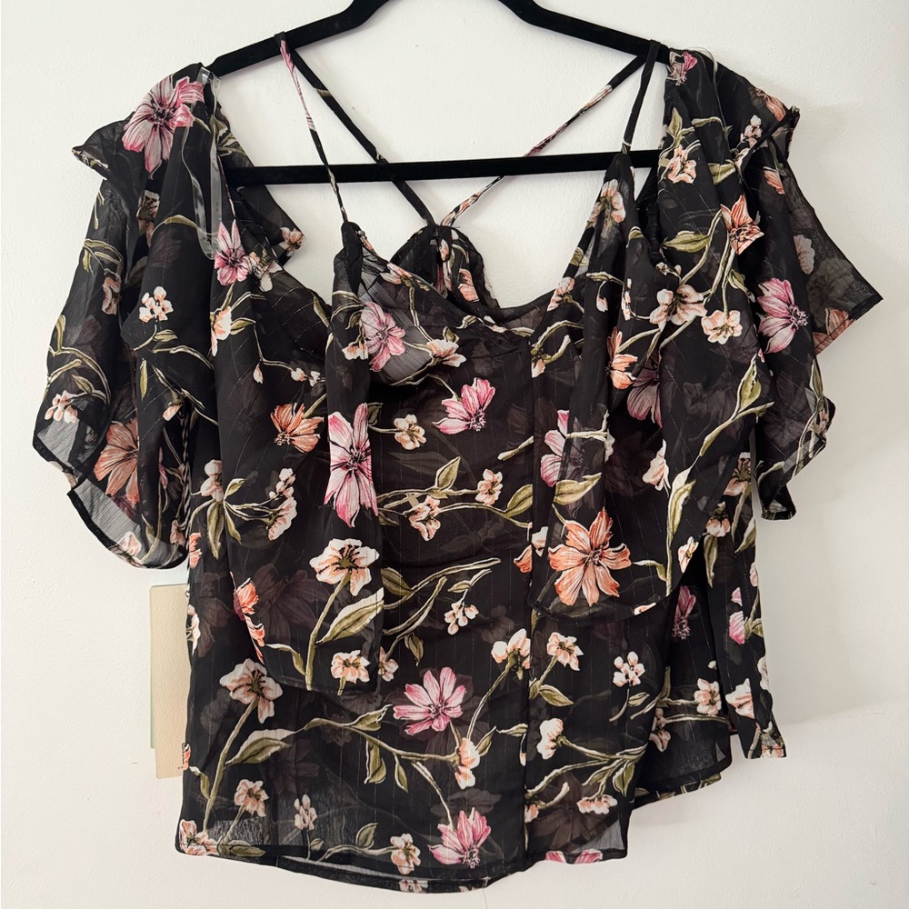 Iris Youth Plus Size 3X Black and Pink Floral Ruffled Thin See Through Blouse - Picture 5 of 7